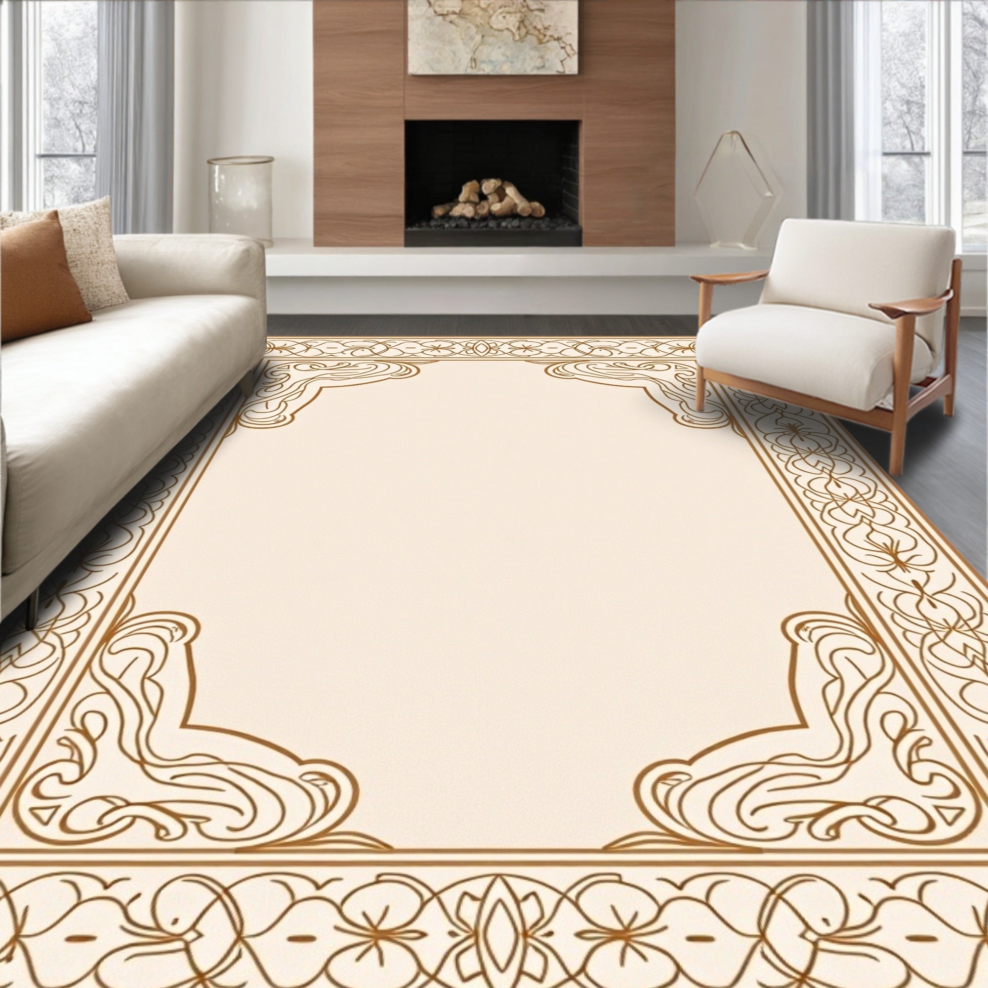 Ornate Scrollwork Floral Border Design Rug