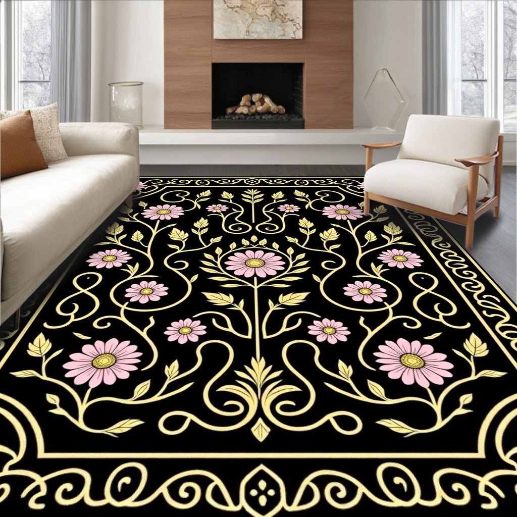 Black Floral Vine with Pink Flowers Rug