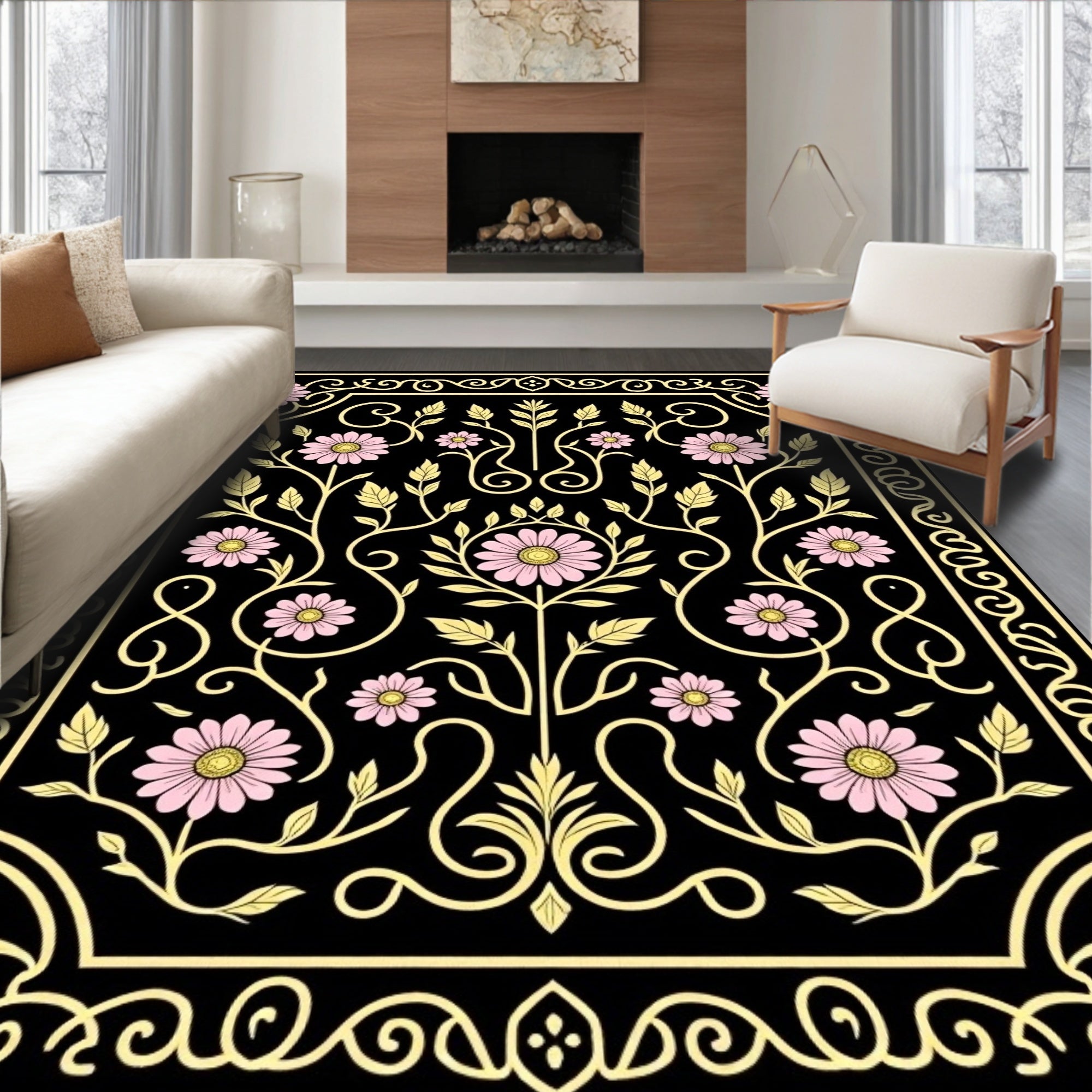 Black Floral Vine with Pink Flowers Rug