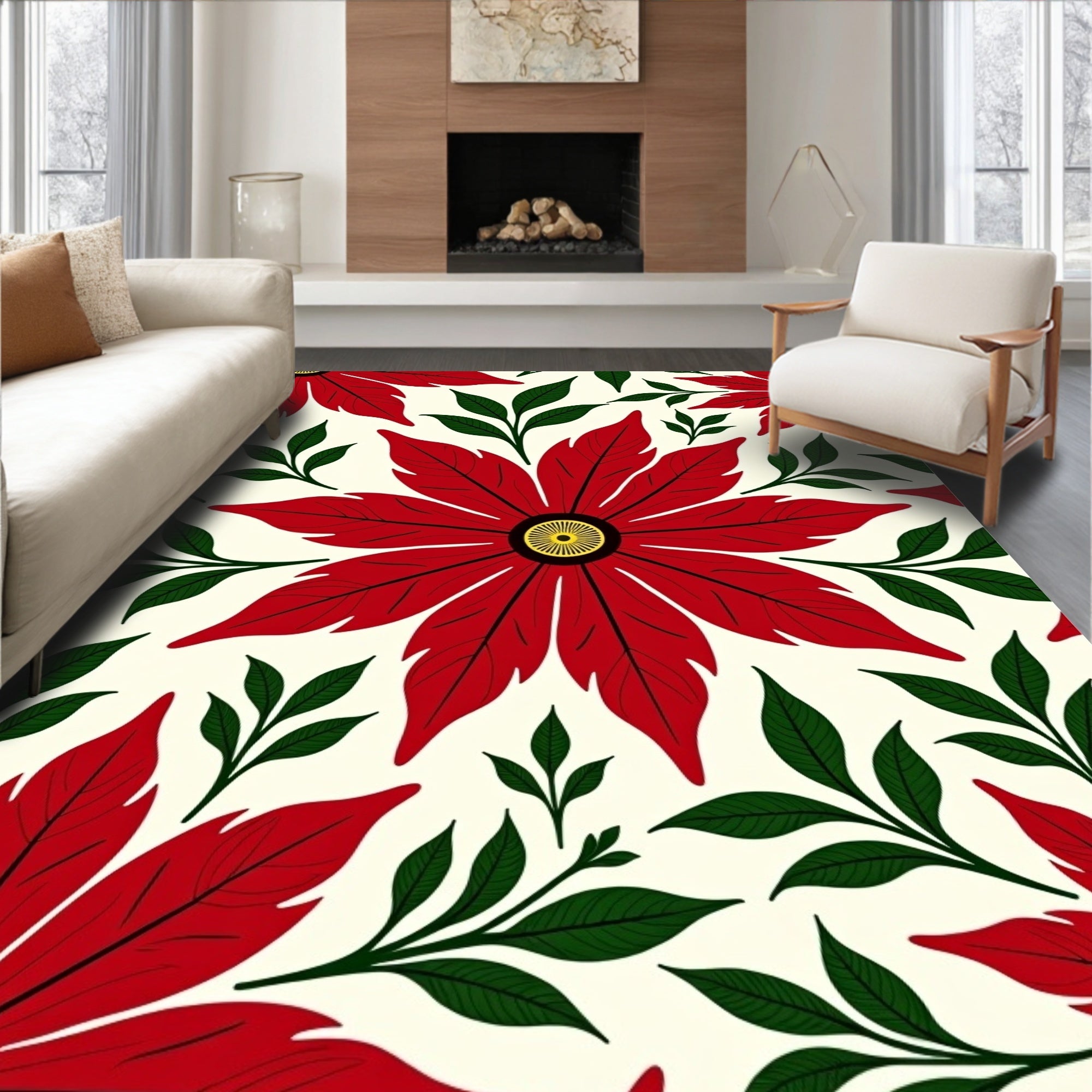 Bold Red Floral Pattern Rug