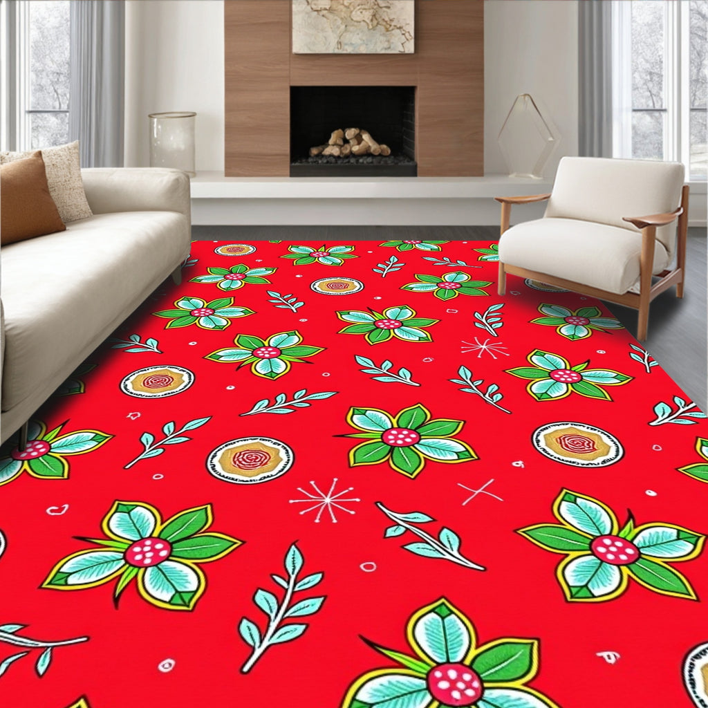 Red Floral and Leaf Medallion Rug