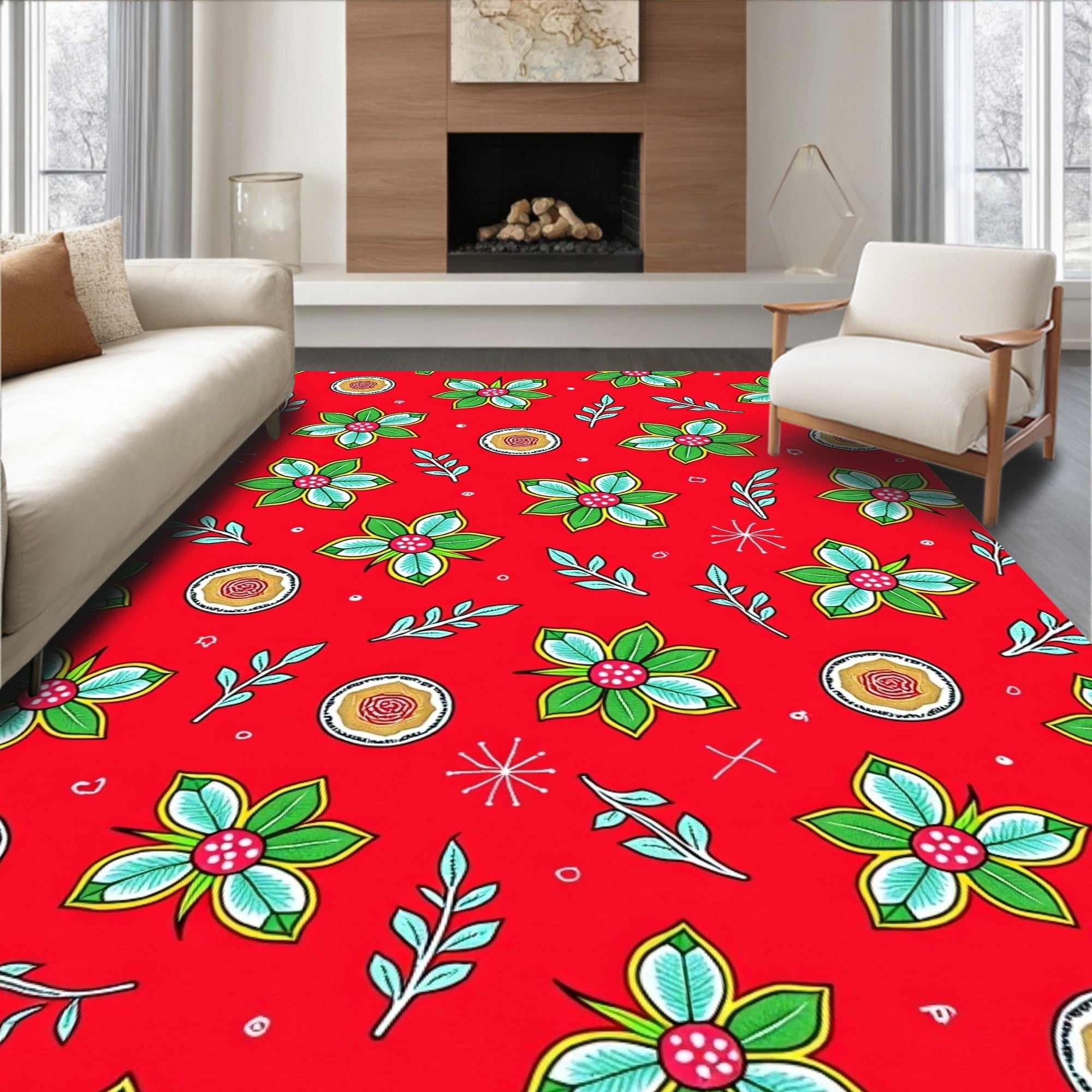 Red Floral and Leaf Medallion Rug