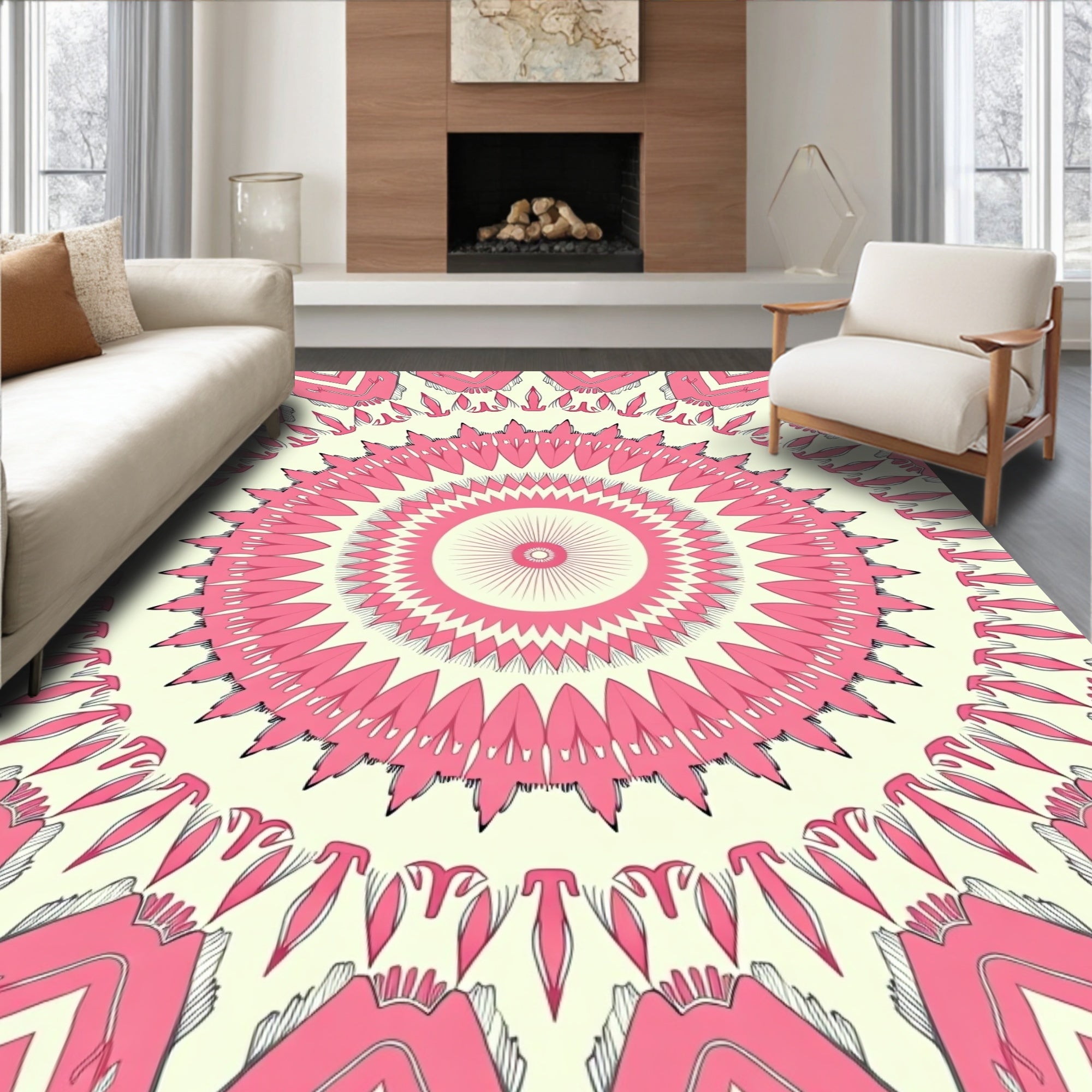 Pink Radial Floral Motif Design Rug