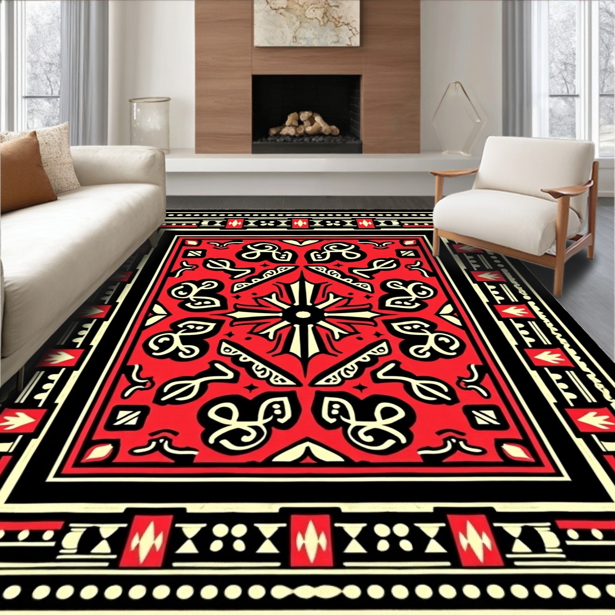 Bold Red Black Floral Motif Rug