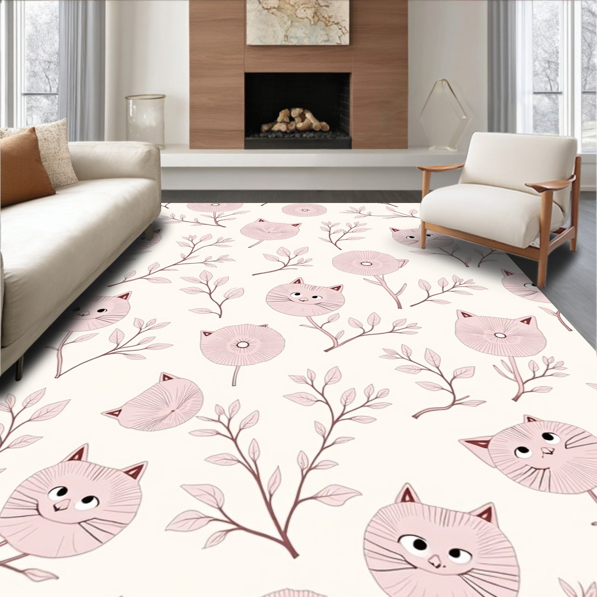 Whimsical Cat Botanical Pattern Design Rug