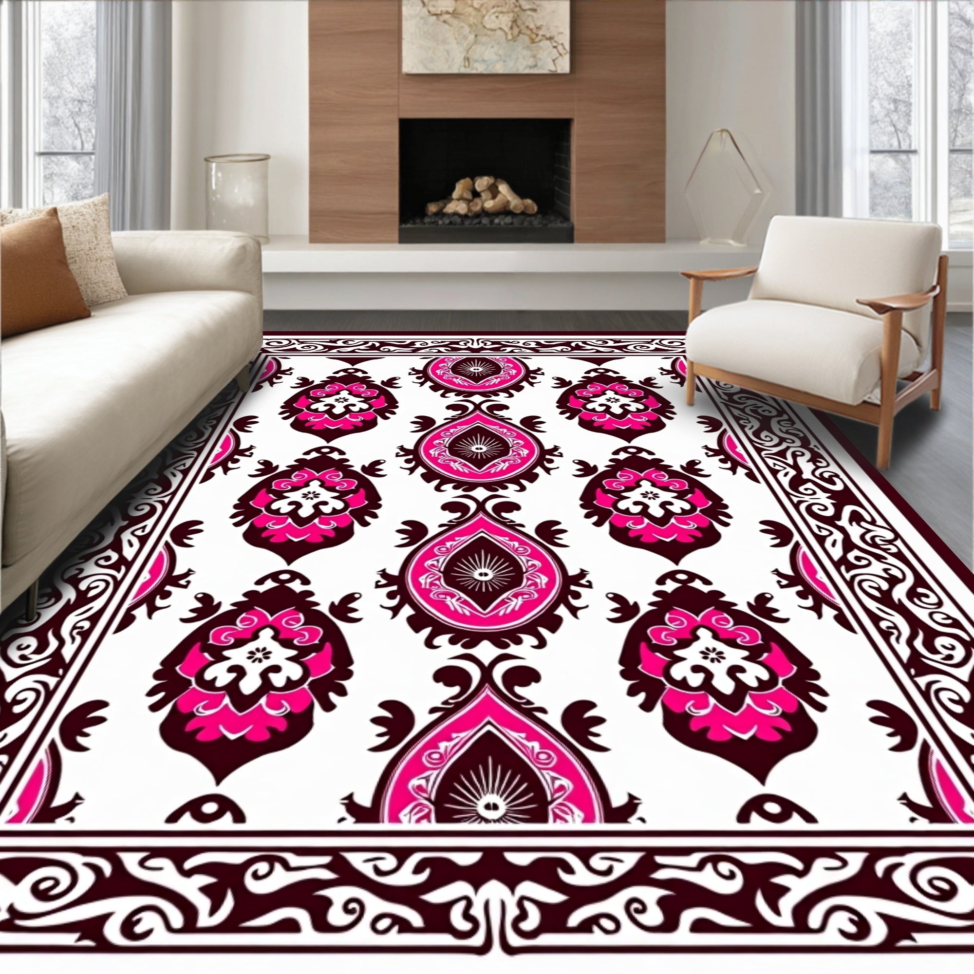 Rich Pink and Burgundy Damask Pattern Rug