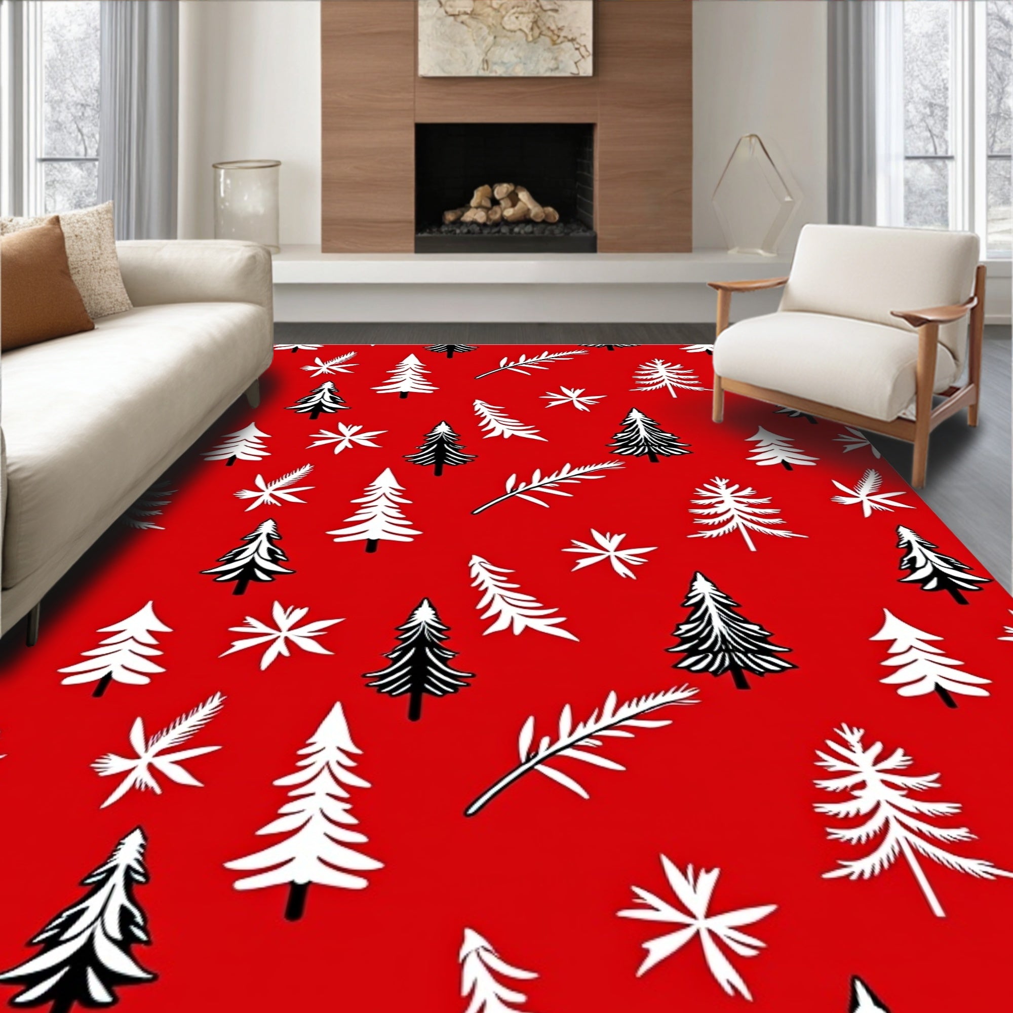 Forest Trees and Snowflakes Pattern Design Rug