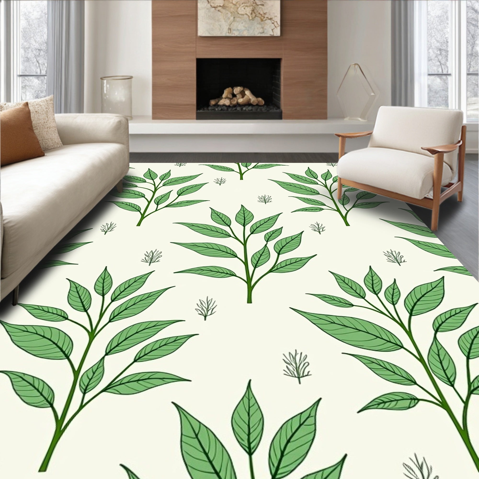 Green Leafy Branch Pattern Design Rug