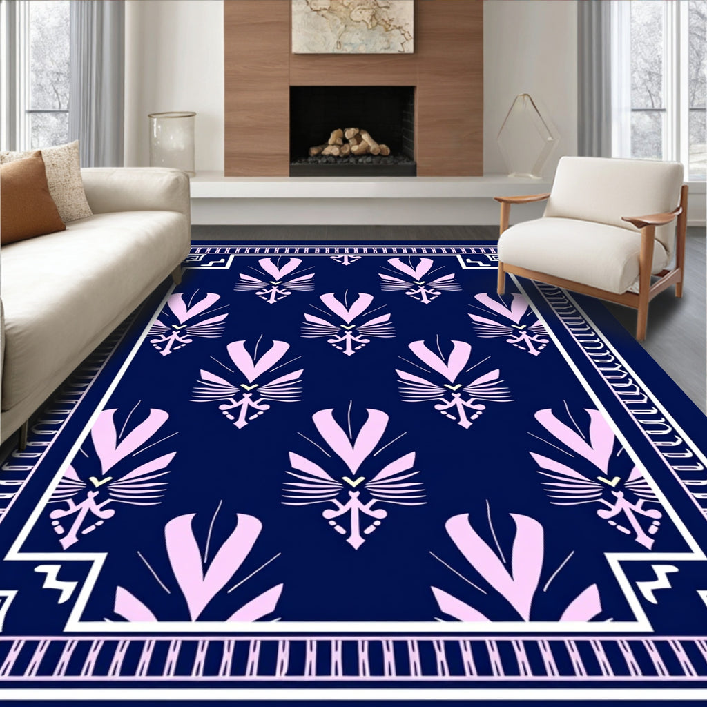 Pink Fan Pattern Navy Decorative Rug