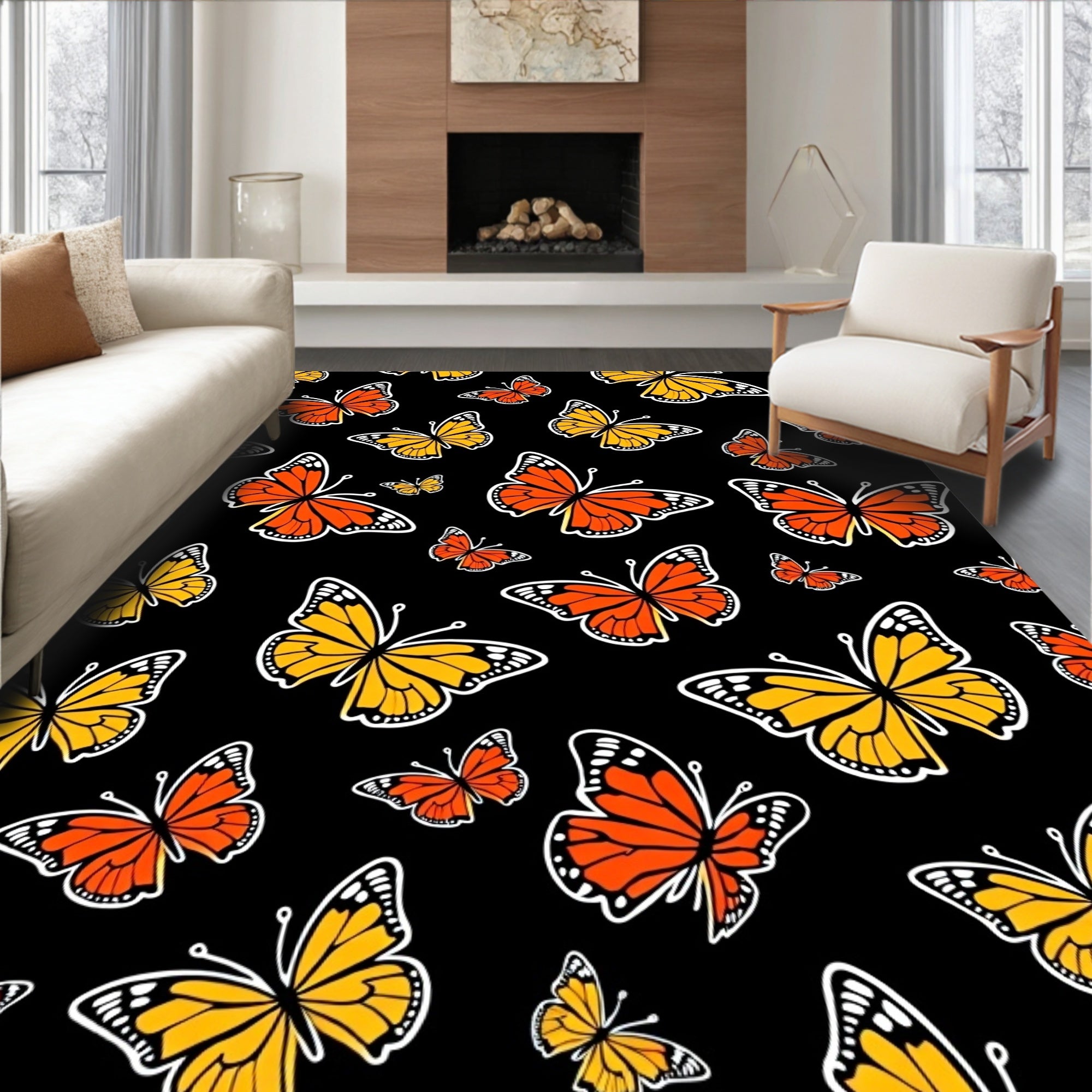 Black Orange Yellow Butterfly Pattern Rug