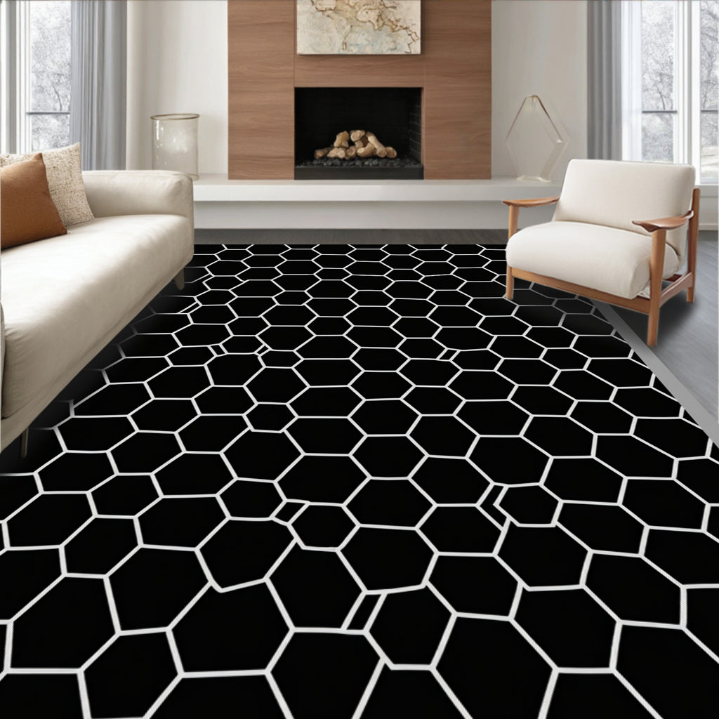 Graphic Hexagonal Black White Pattern Rug