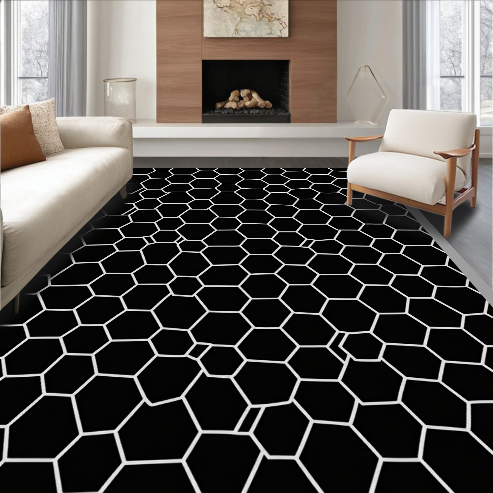 Graphic Hexagonal Black White Pattern Rug