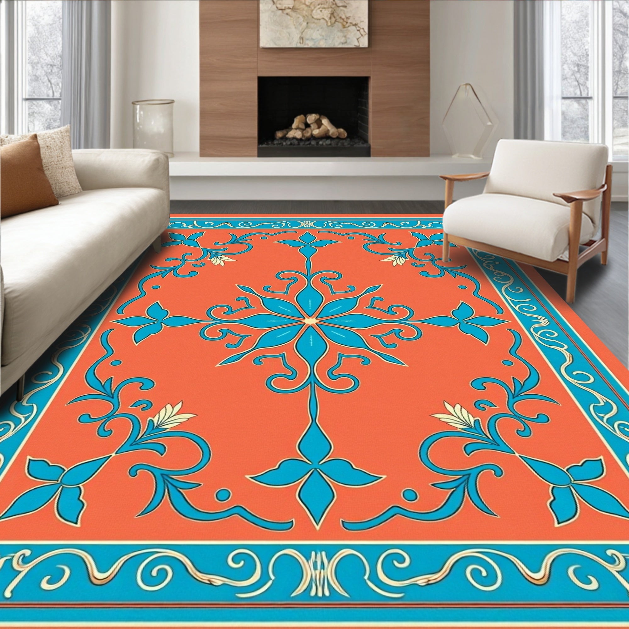 Floral Scroll Bordered Textile Design Rug