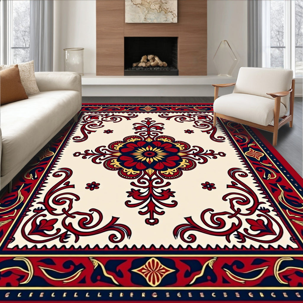 Ornate Floral Red Navy Medallion Rug