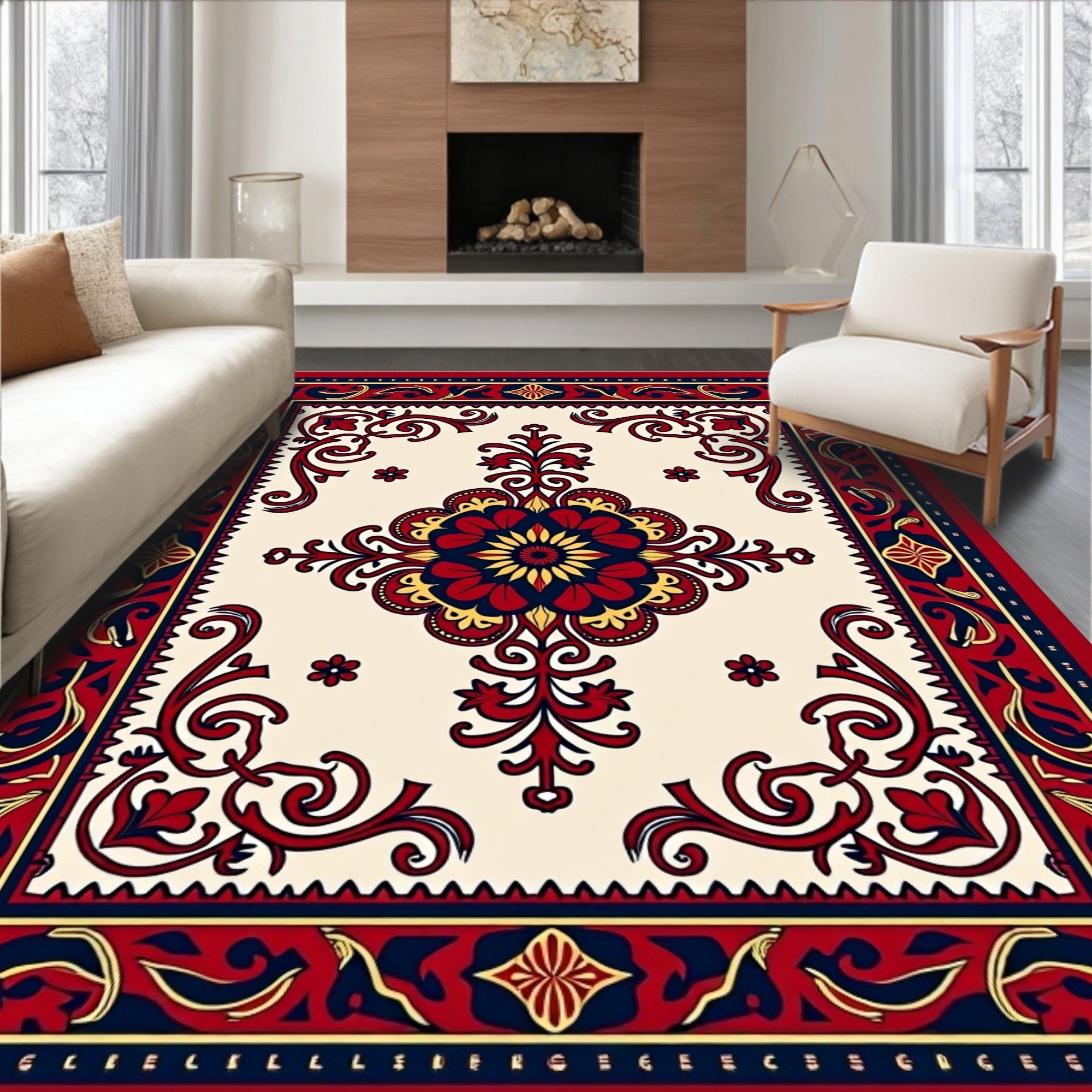 Ornate Floral Red Navy Medallion Rug