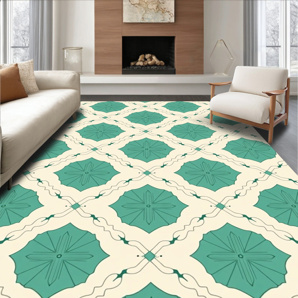 Teal Starburst Geometric Diamond Pattern Rug