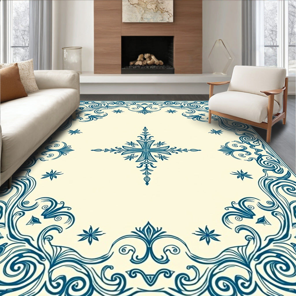 Ornate Blue Floral Swirl Pattern Rug