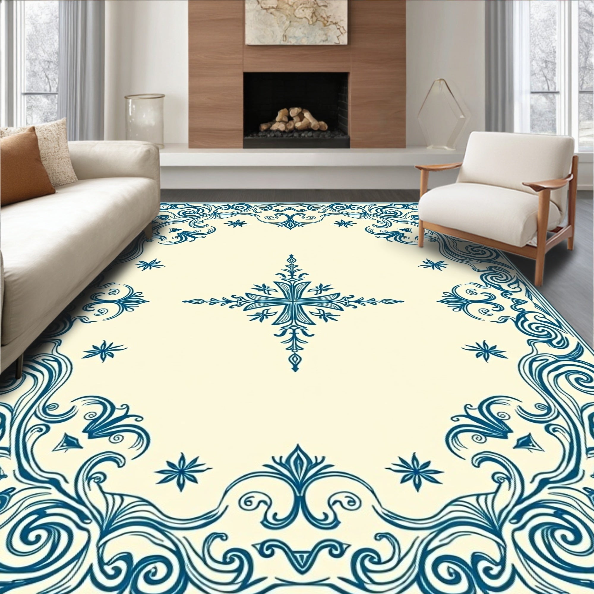 Ornate Blue Floral Swirl Pattern Rug