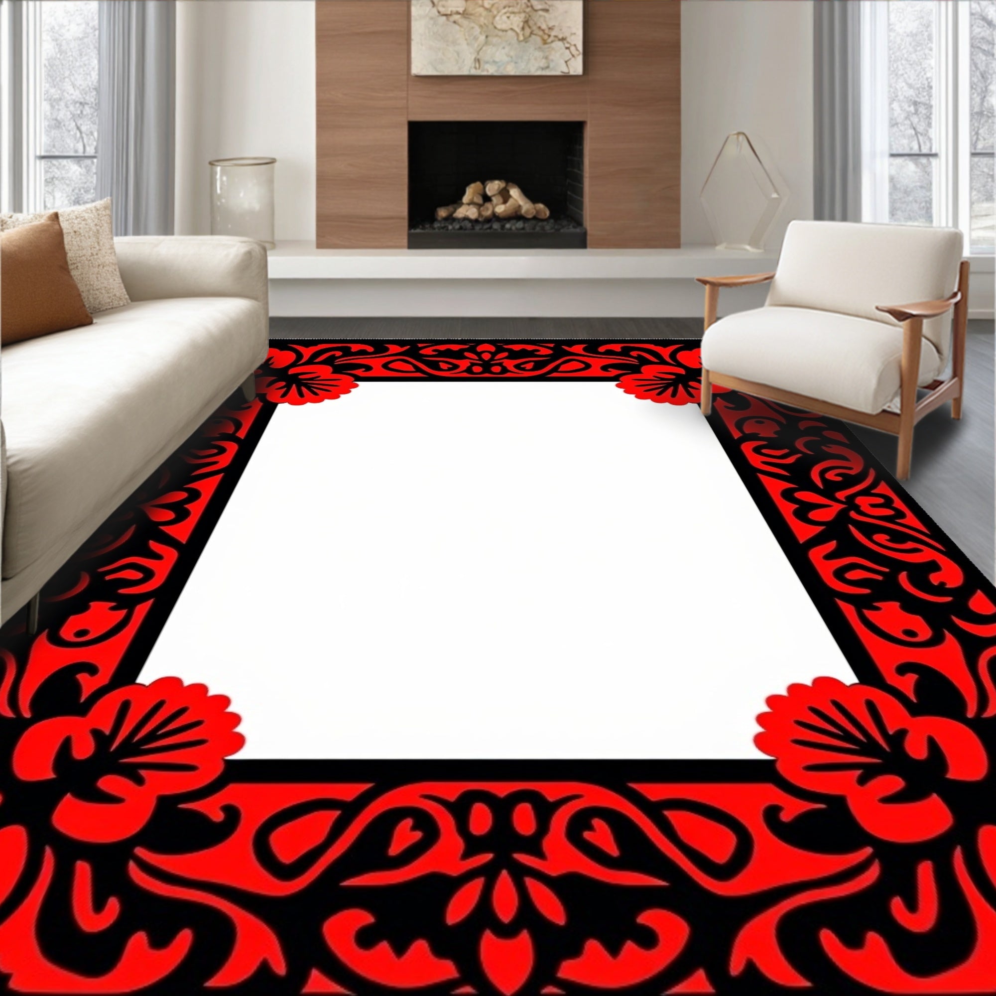 Red Black Floral Patterned Frame Design Rug