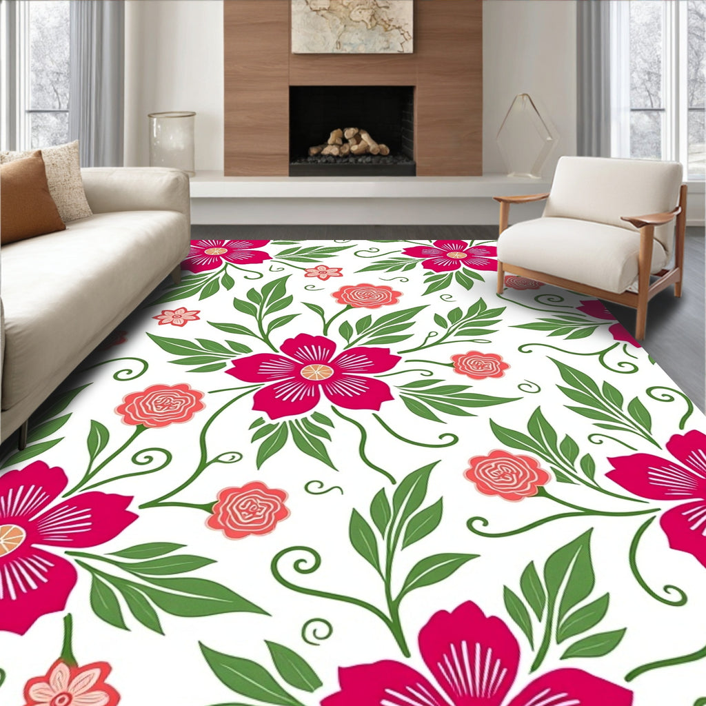 Whimsical Pink Floral Vine Pattern Rug