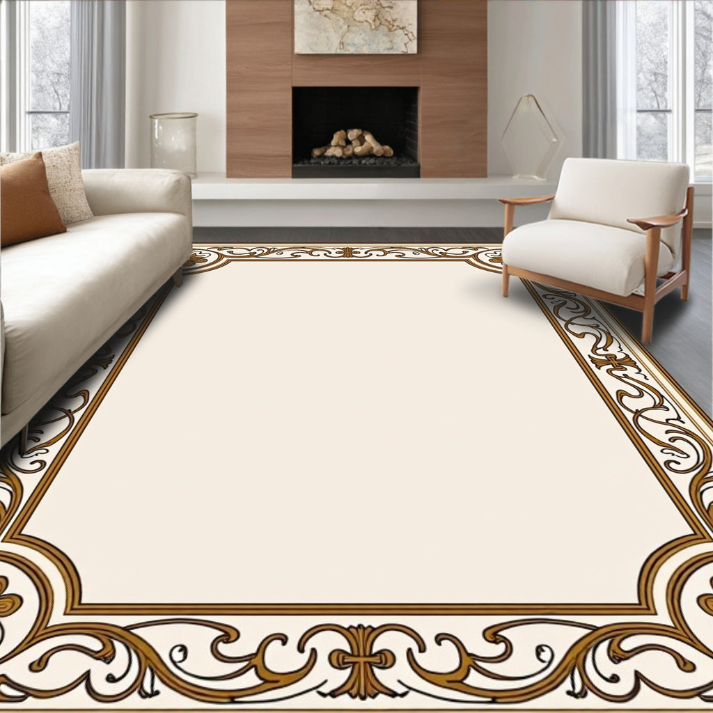 Ornamental Gold Brown Floral Frame Rug