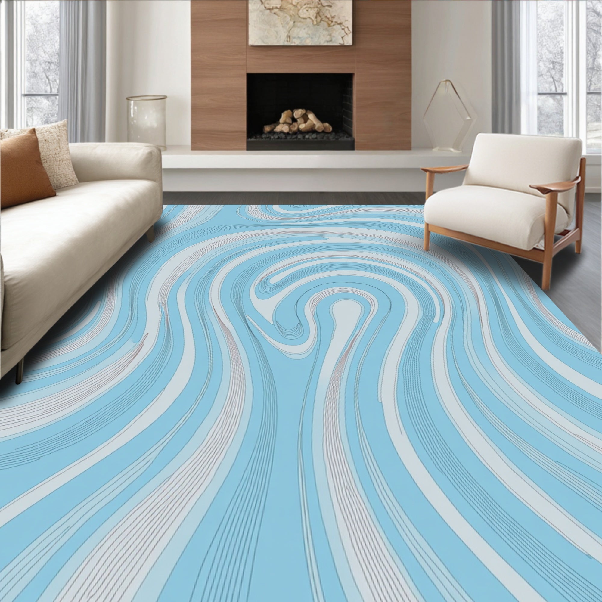 Abstract Swirls Blue And Silver Lines Rug
