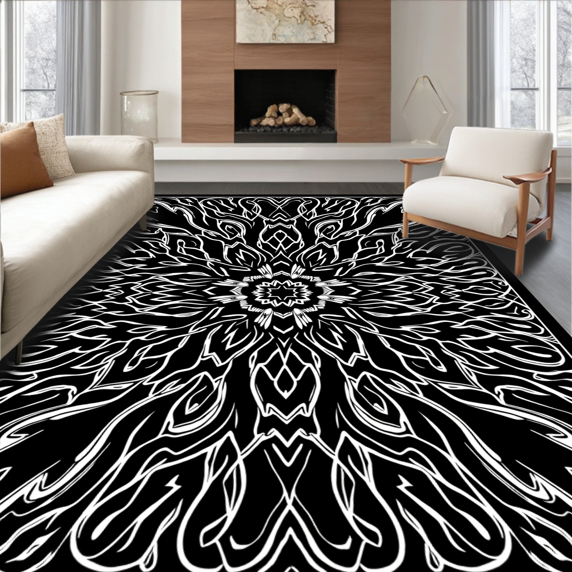 Bold Black White Symmetrical Design Rug