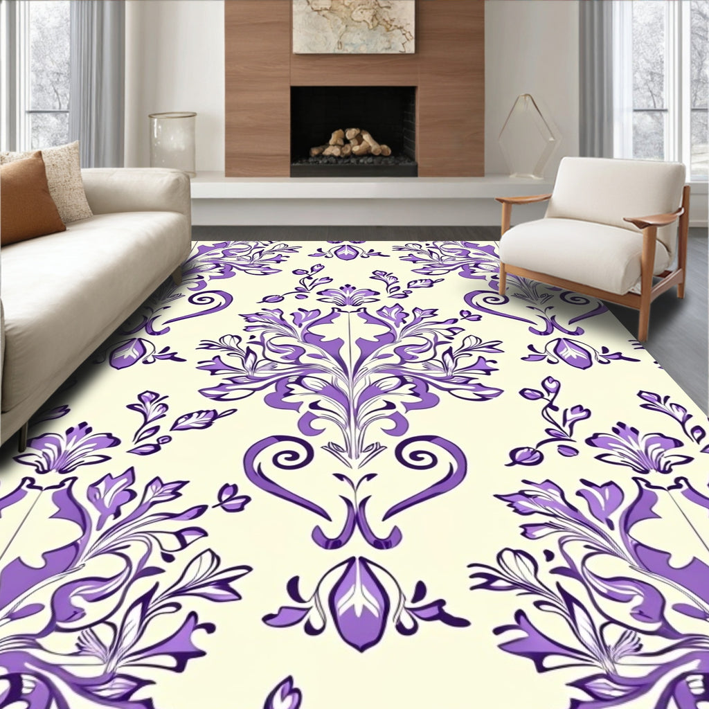 Elegant Purple Floral Scroll Pattern Rug