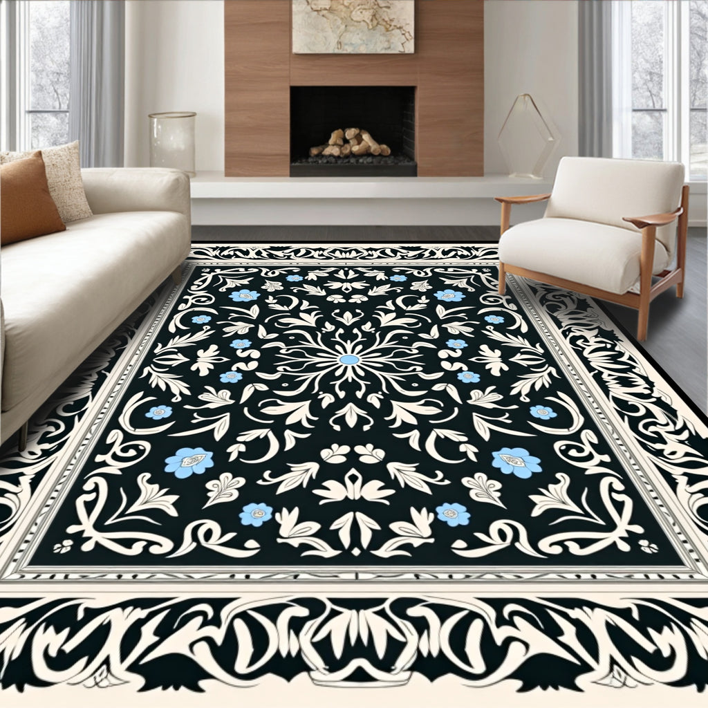 Ornate Black Cream Floral Pattern Rug