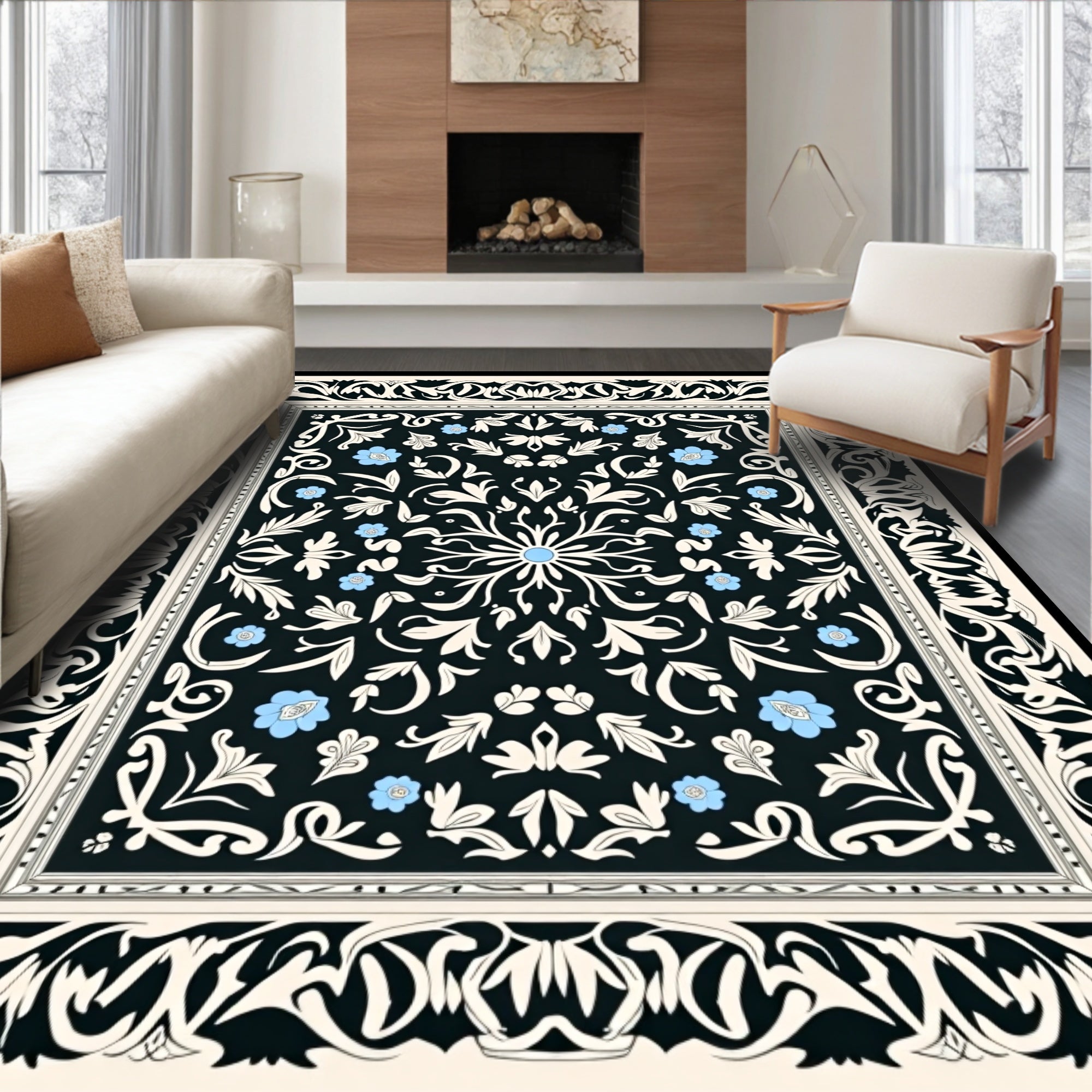 Ornate Black Cream Floral Pattern Rug