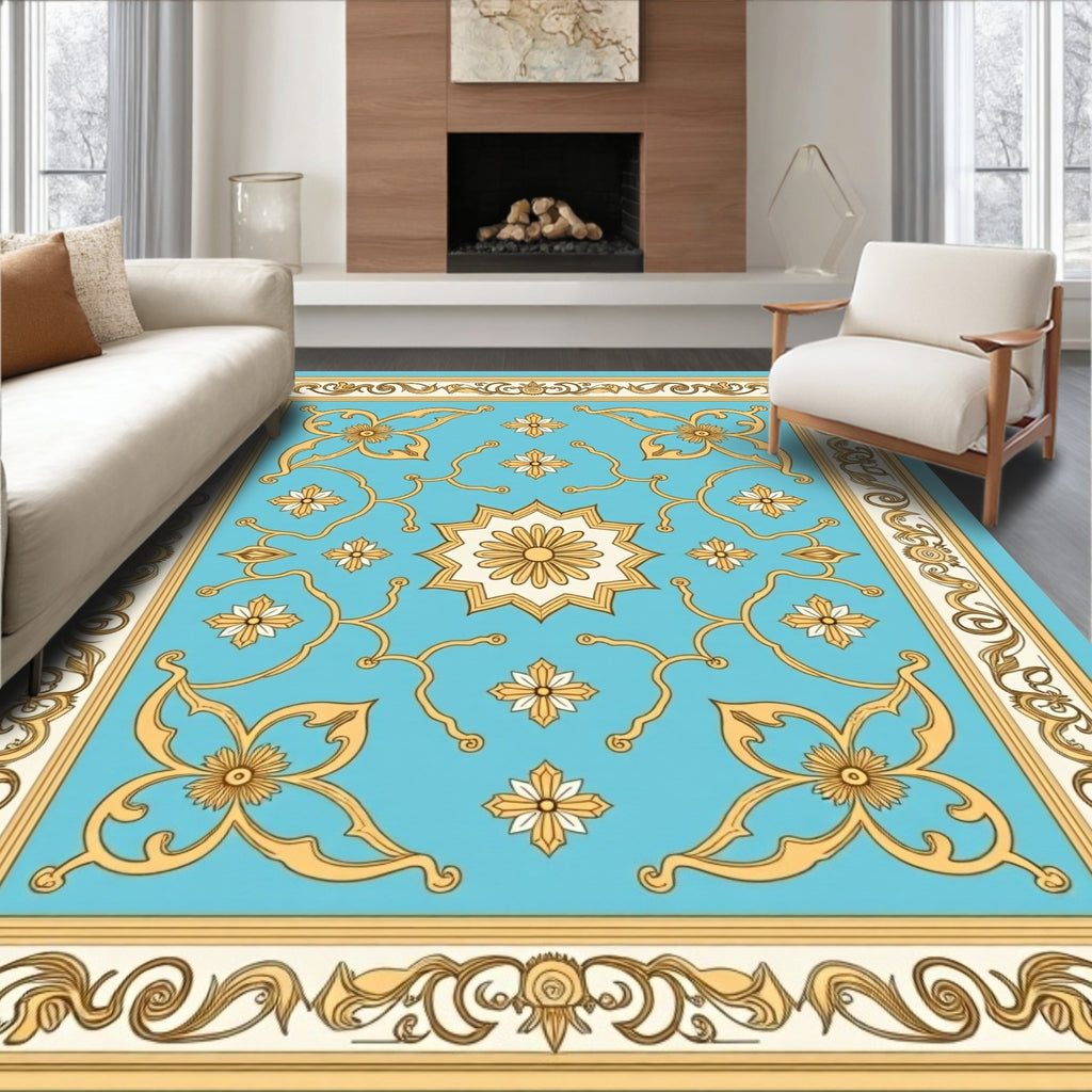Elegant Blue Gold Floral Border Design Rug