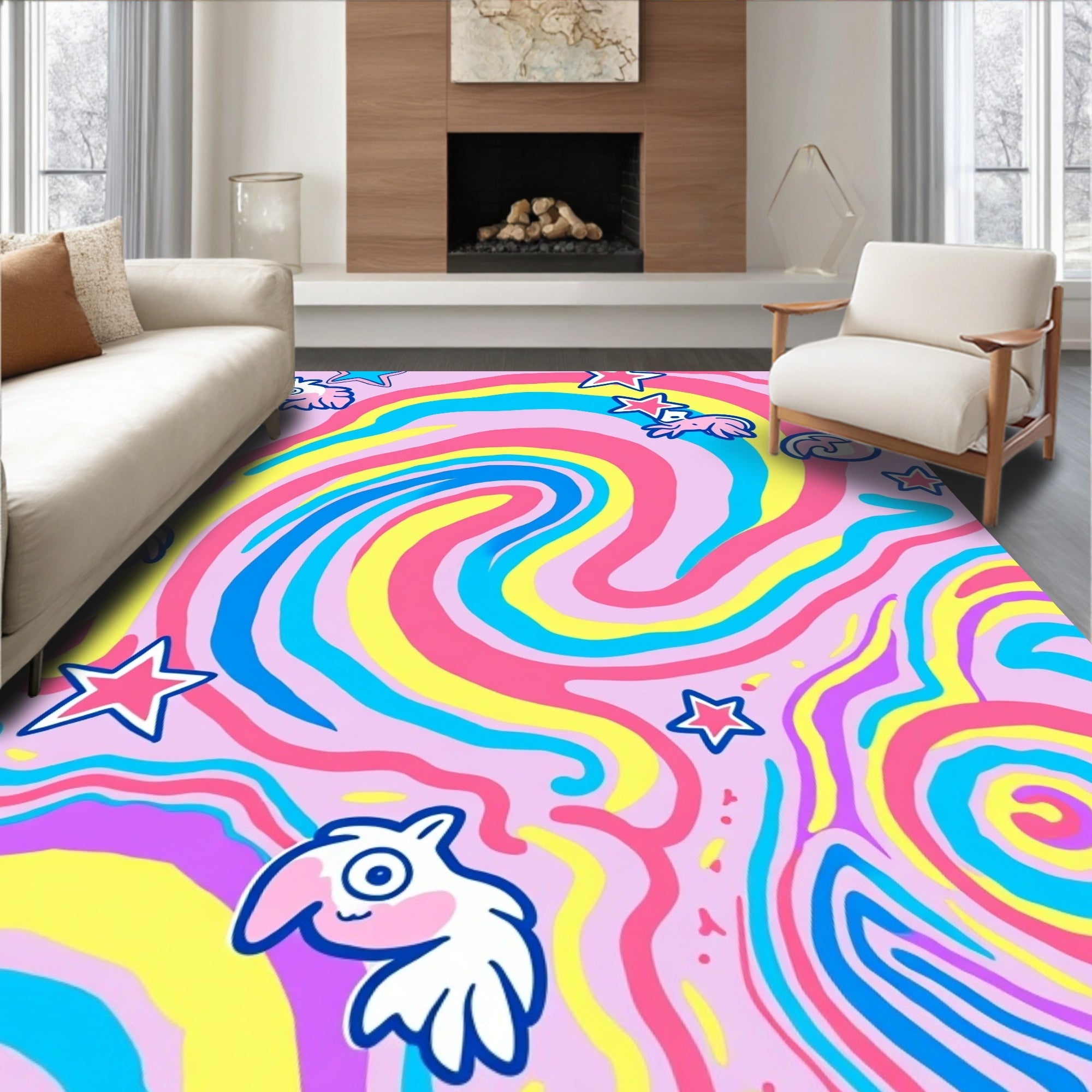 Whimsical Swirls Stars Pattern Rug