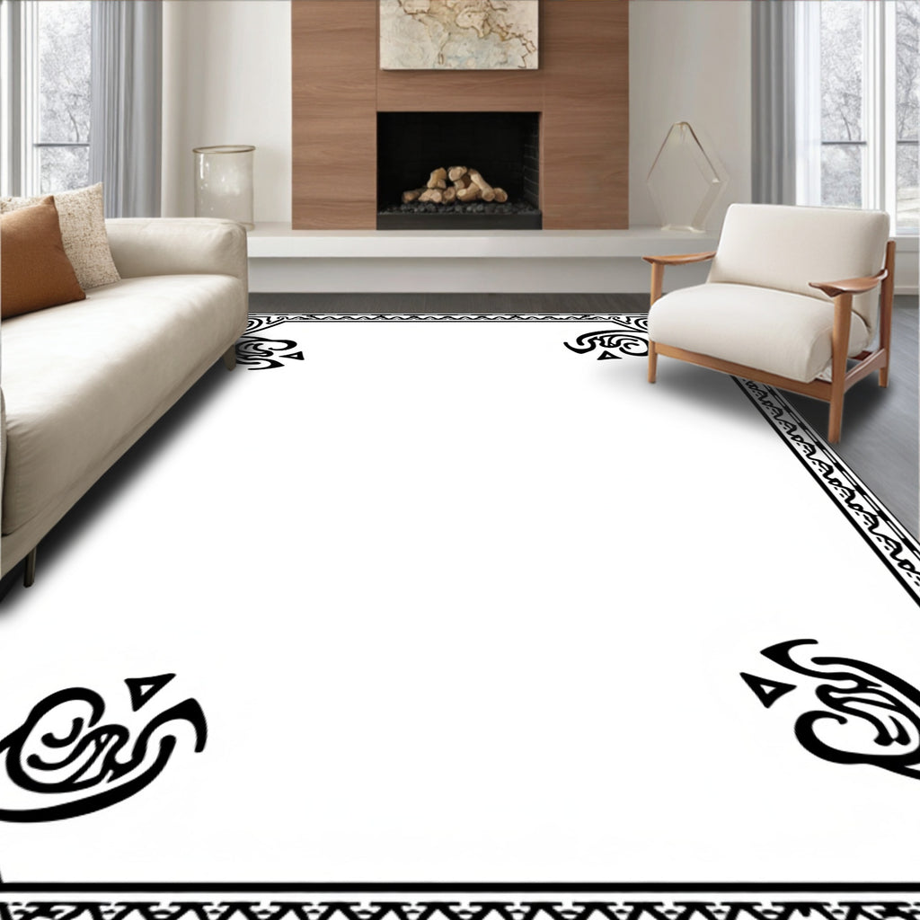 Ornate Black White Scrollwork Design Rug