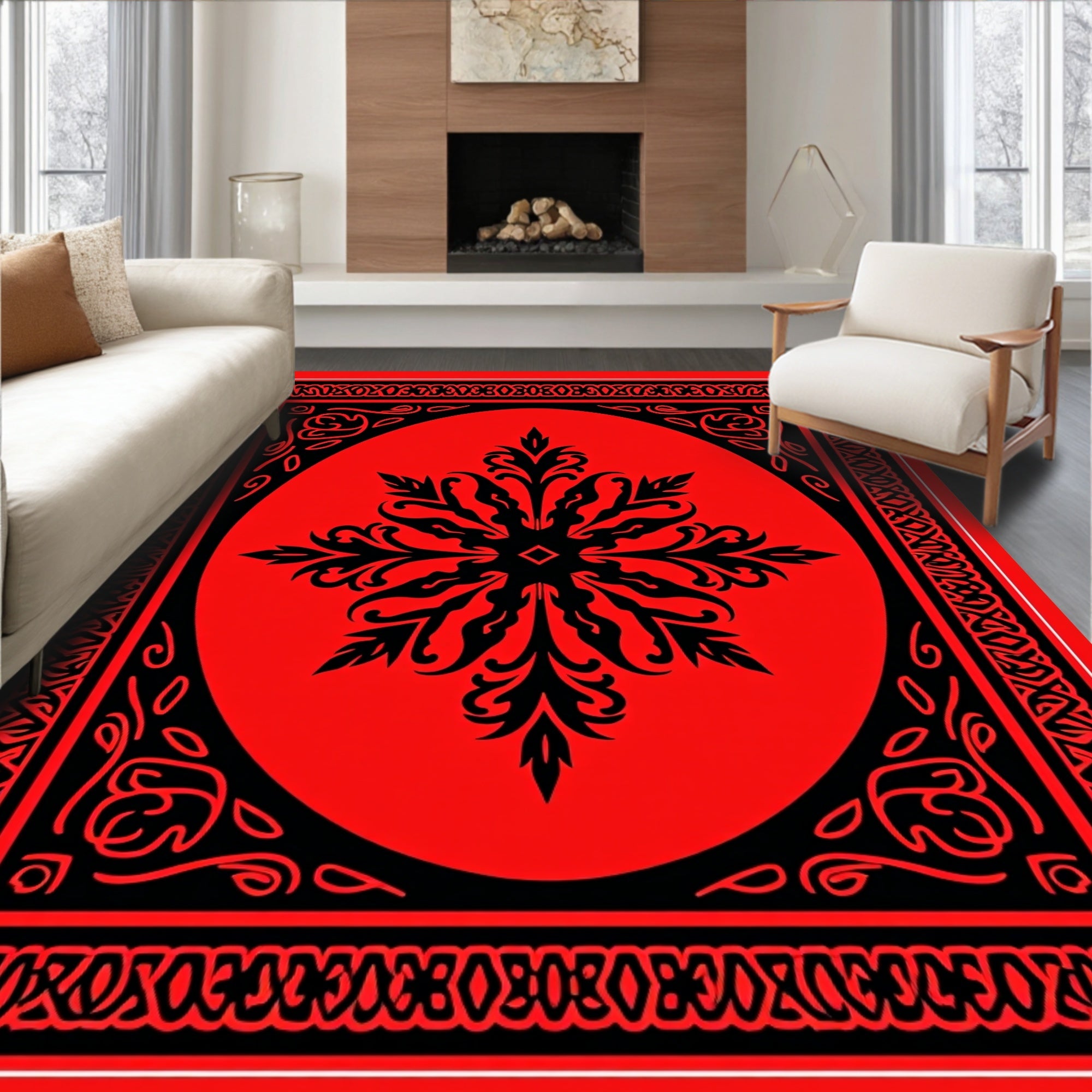Bold Red Black Floral Medallion Rug