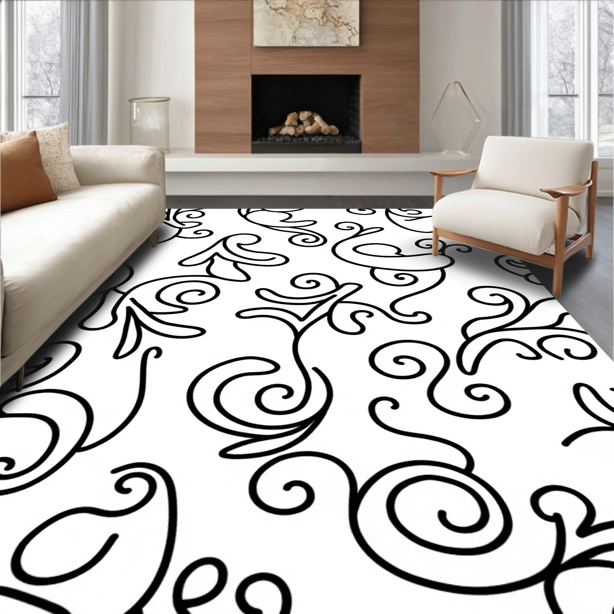 Whimsical Black Flourish Pattern Rug
