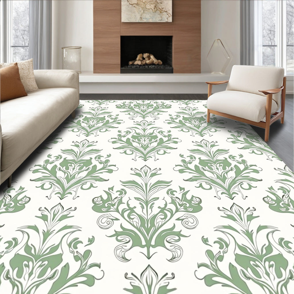 Elegant Sage Green Floral Damask Pattern Rug