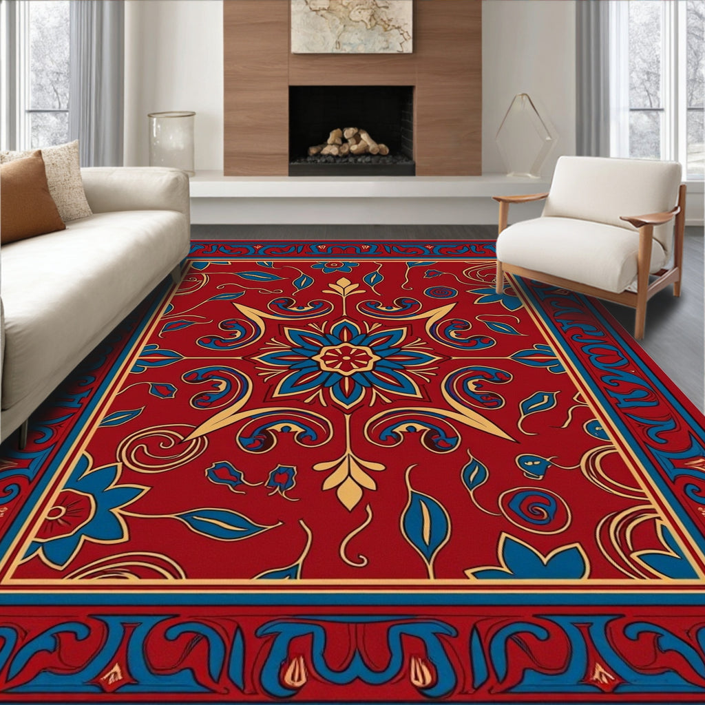 Elaborate Red Floral Scroll Pattern Rug