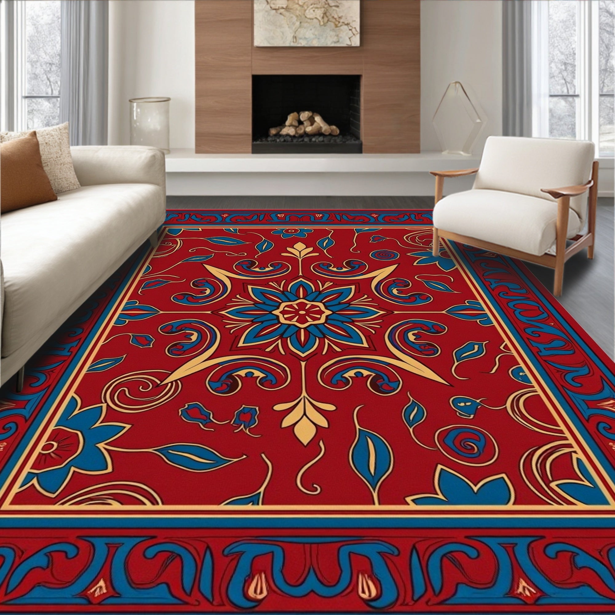 Elaborate Red Floral Scroll Pattern Rug