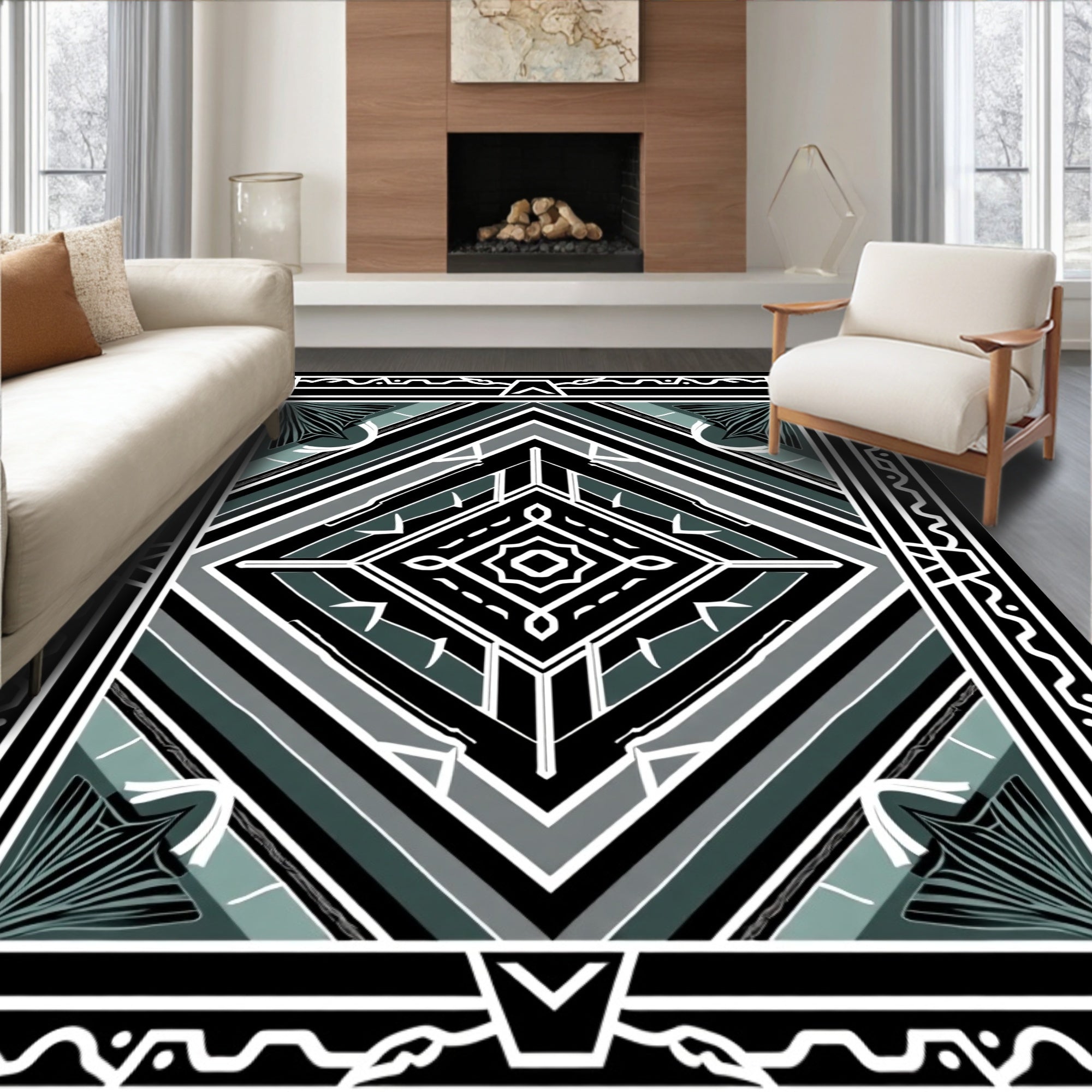 Art Deco Geometric Teal Black Rug