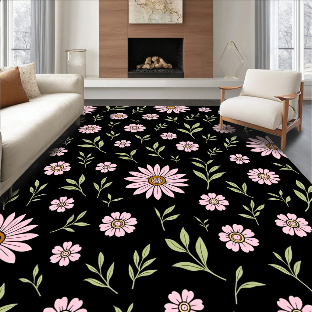 Pink Daisies On Black Background Rug