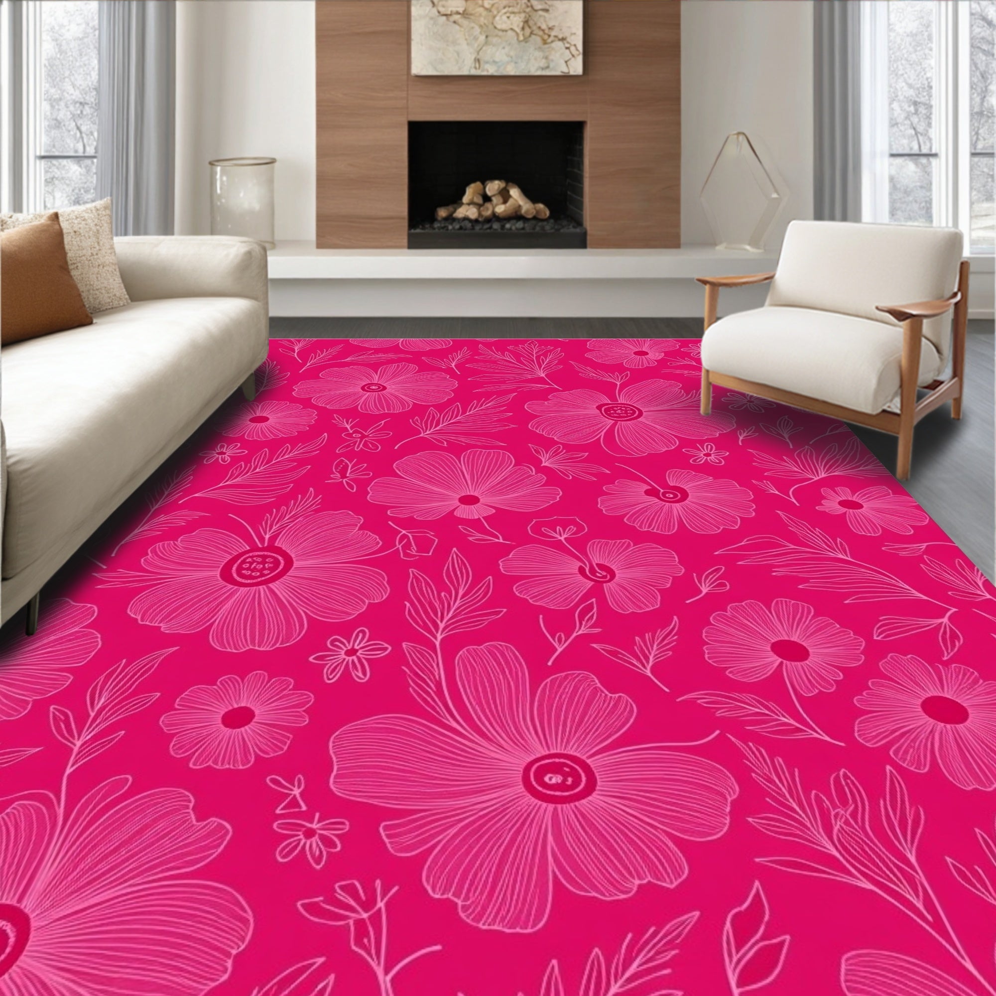 Hot Pink Floral Outline Design Rug