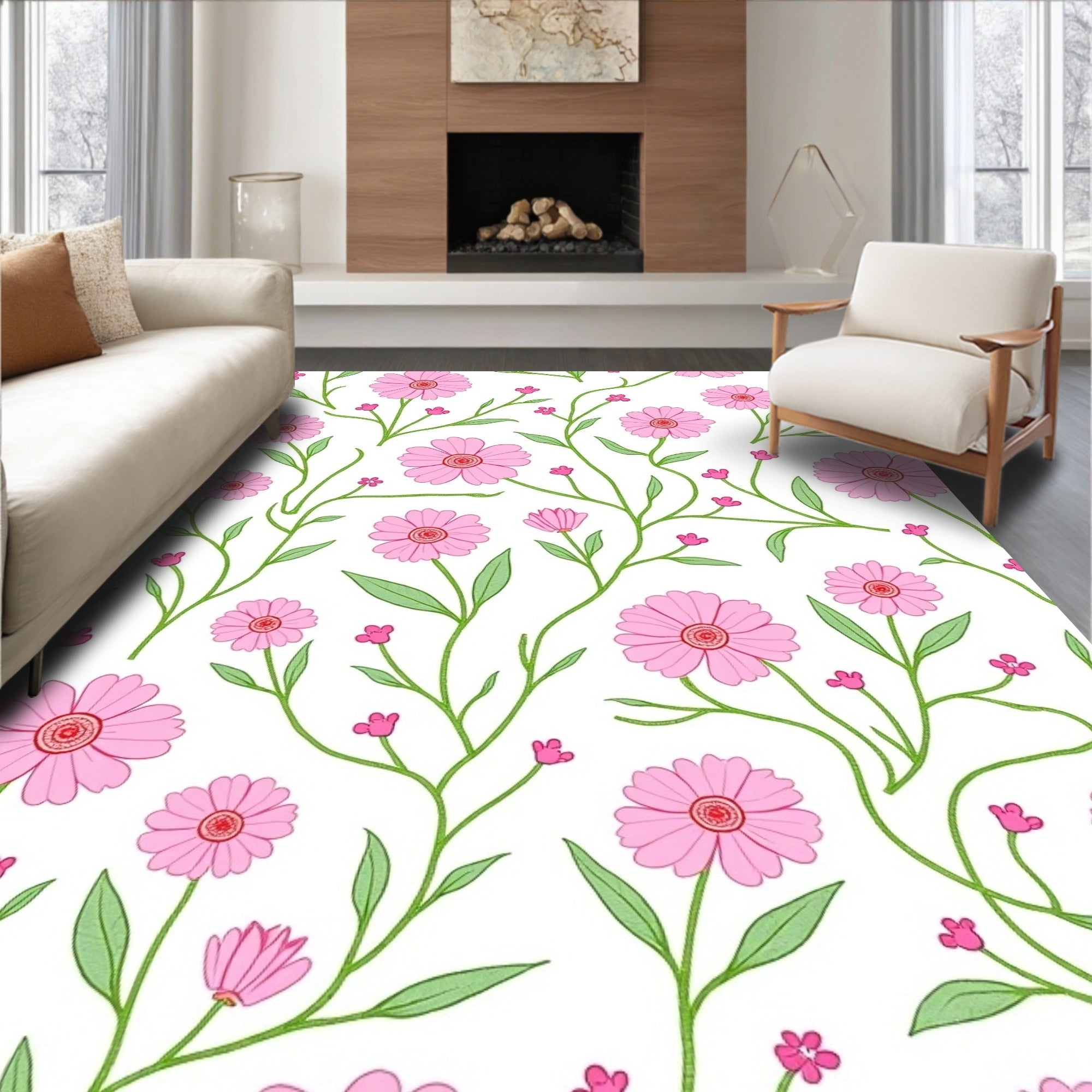 Pink Floral Vine Print Rug