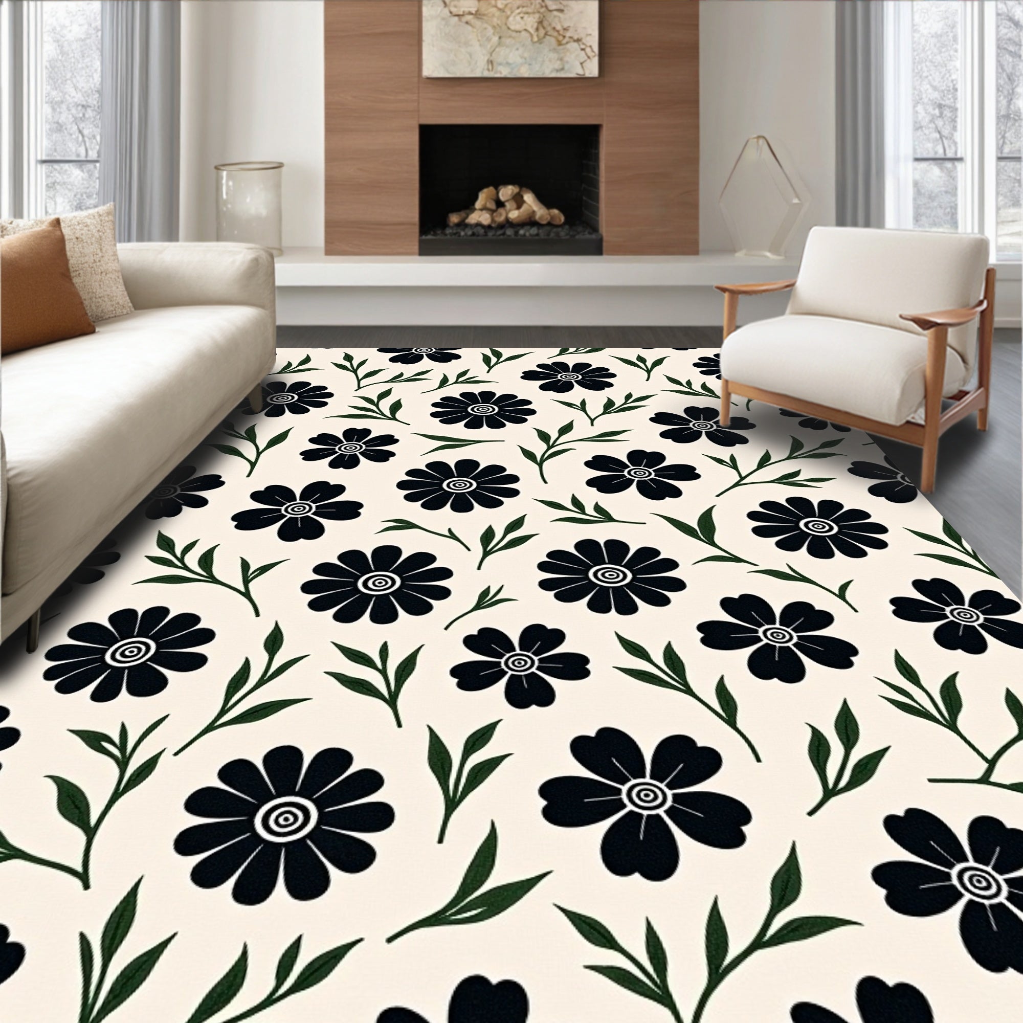 Bold Black Daisy Floral Pattern Rug