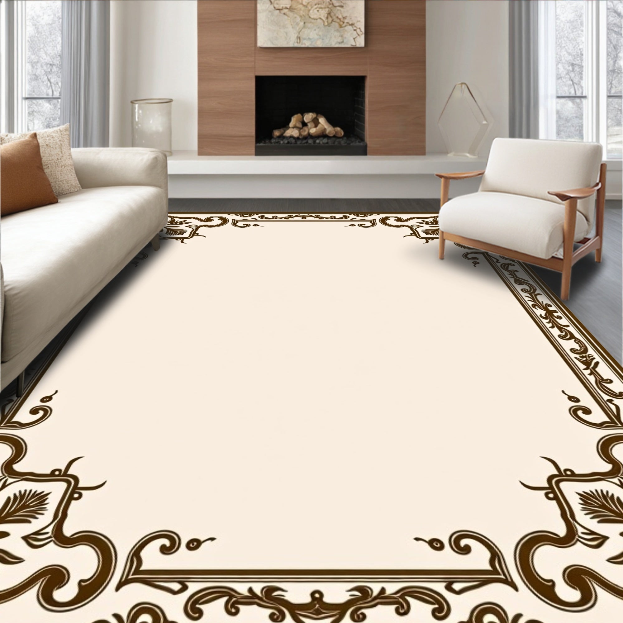 Traditional Floral Scrollwork Border Design Rug