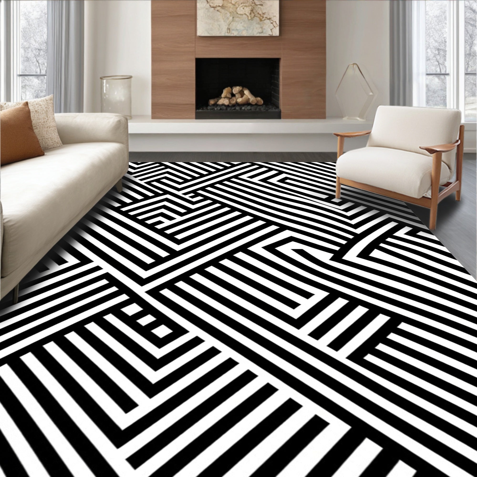 Monochromatic Linear Maze Pattern Rug