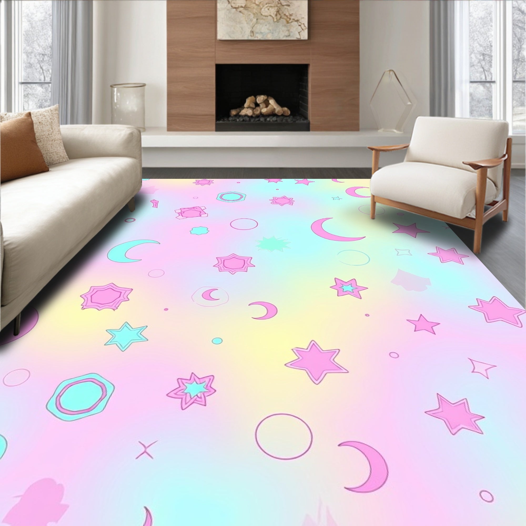 Pastel Celestial Star Moon Pattern Rug