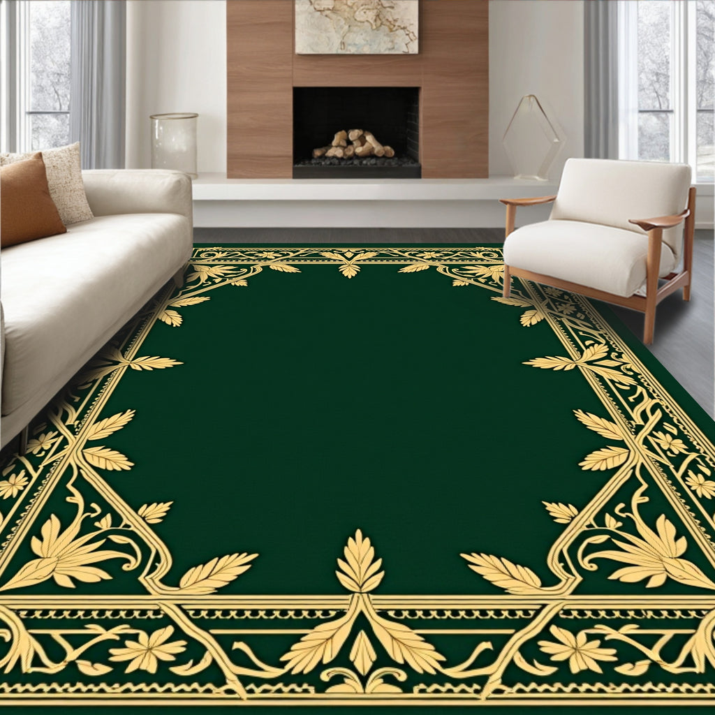 Elaborate Gold Floral Frame Pattern Rug