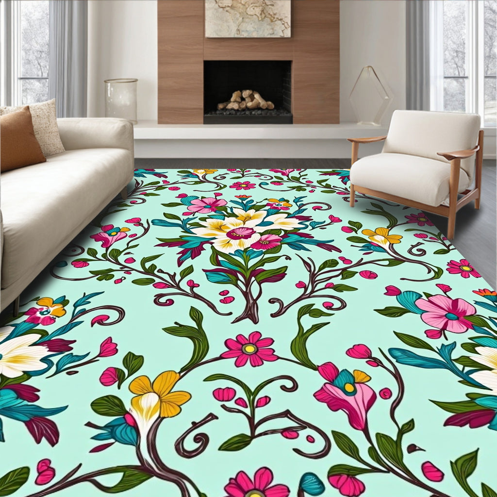 Vibrant Floral Pattern With Swirling Vines Rug
