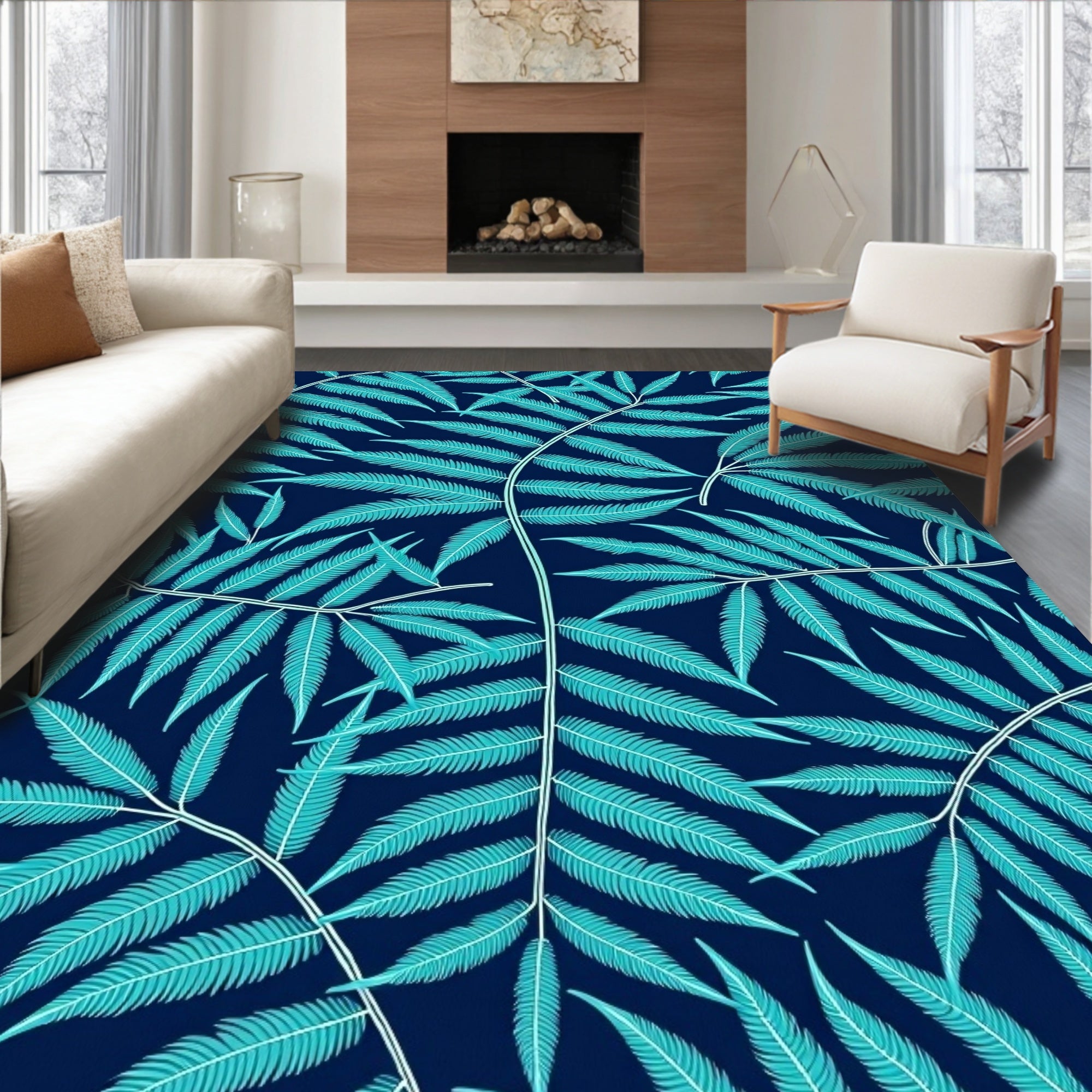 Turquoise Fern Frond Pattern Rug