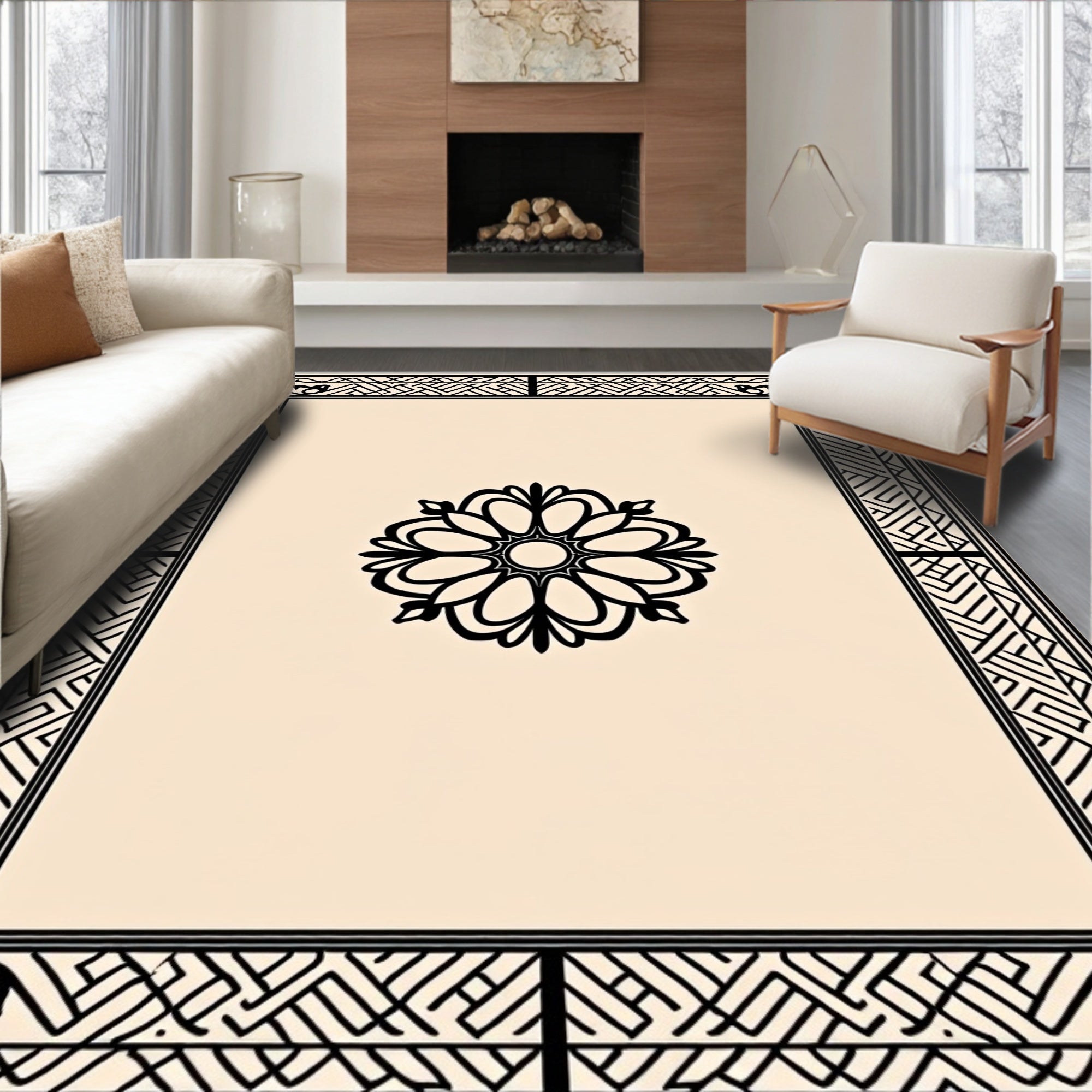 Ornate Floral Geometric Border Rug